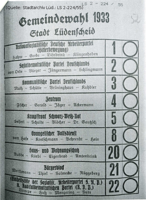 Foto: Ein Wahlschein der Kommunalwahl Lüdenscheid März 1933