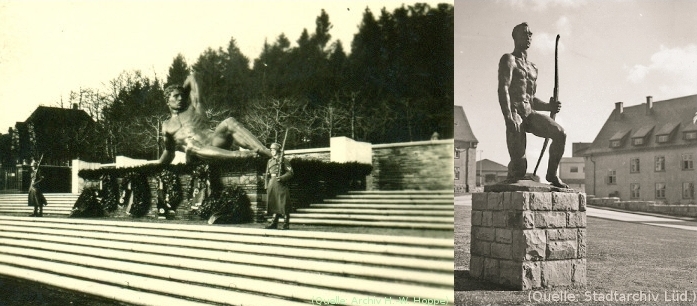 Foto: Das Foto zeigt zwei Statuen: MuskolÃ¶se MÃ€nner: NS-Kunst