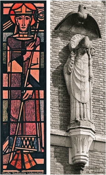 Foto: Zweigeteilt: Links ein Glasfenster mit der Fiogur des St. Medardus; Rechts St. Medardus als Steinfigur an der gleichnamigen Kirche.