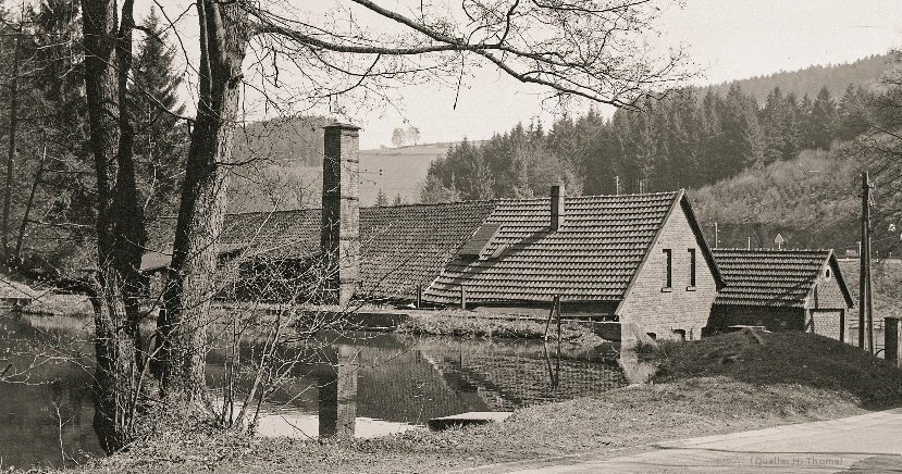Foto: Ein aufgestauter Teich, dahinter ist ein niedriges Haus mit Schornstein sichtbar: Der Bremecker Hammer.