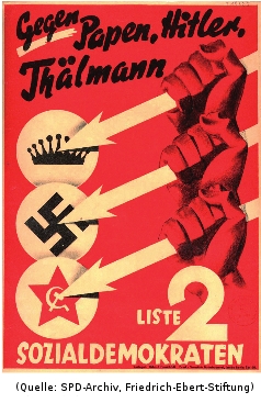 Foto: Ein Wahlplakat. Aufschrift: 'Gegen Papen, Hitler, Thälmann - Liste 2 Sozialdemokraten'